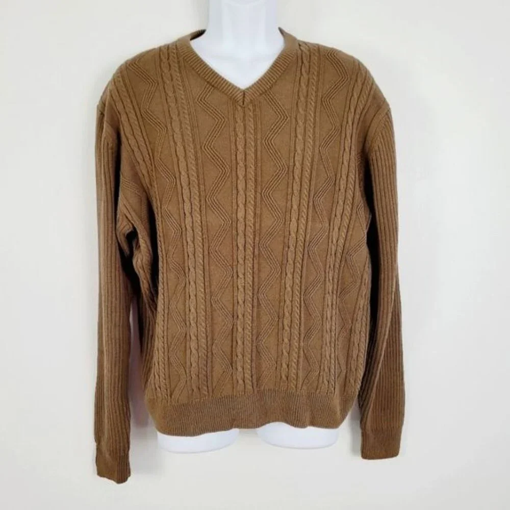 Lyle & Scott Mens Brown Cable Knit V-Neck Sweater L Combed‎ Cotton Scotland